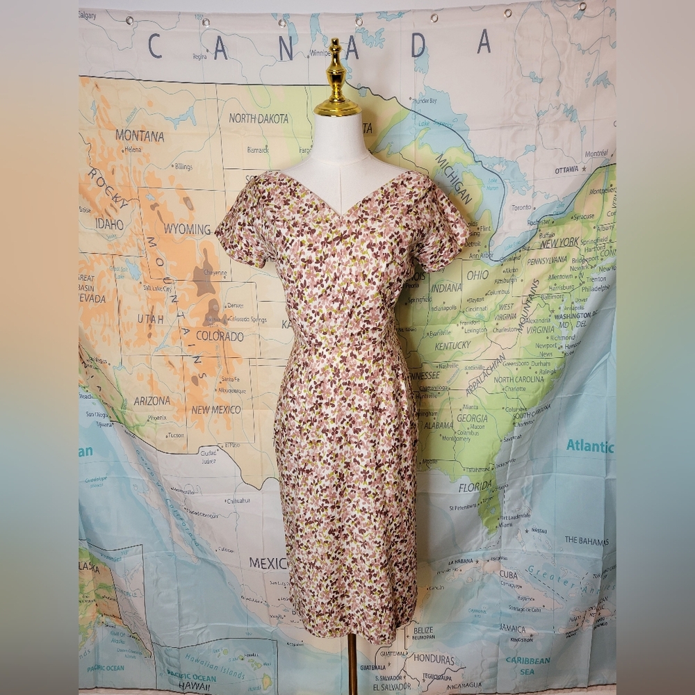 Vintage 1950s Floral Knee Lenght Dress Off The Shoulder Cocktail Women's Retro